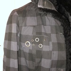 Black and grey checkered coat, faux fur lined hood
